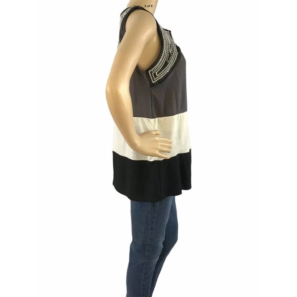 Cocomo Sleeveless Tunic Top S Embroidered Black Gray Cream Block Stripe - Picture 3 of 6